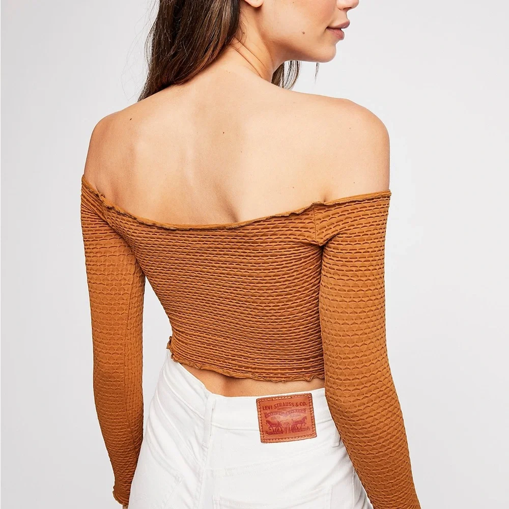 Free People Intimately‎ Textured Crop Top XS/S Antique Gold Off Shoulder Boho